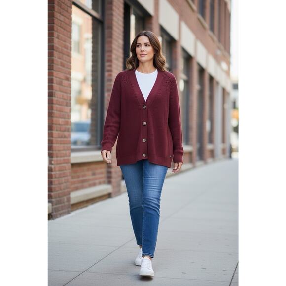 Gap Burgundy Chunky Cardigan Sweater Sz Large Long Fit Button Front Thick - Picture 2 of 9